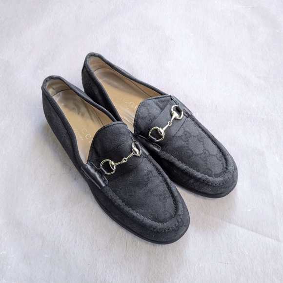 Gucci Horsebit Loafers Black Monogram Canvas Logo Women 7 B - Picture 1 of 16